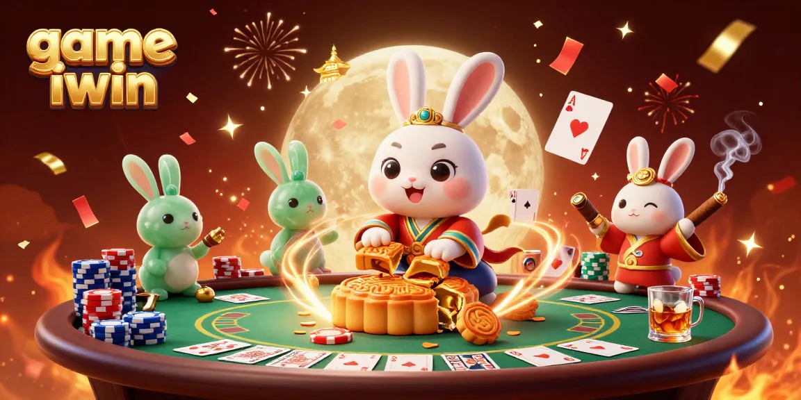Play game iwin with a whimsical moon rabbit, poker chips and festive elements in a dynamic casino scene.