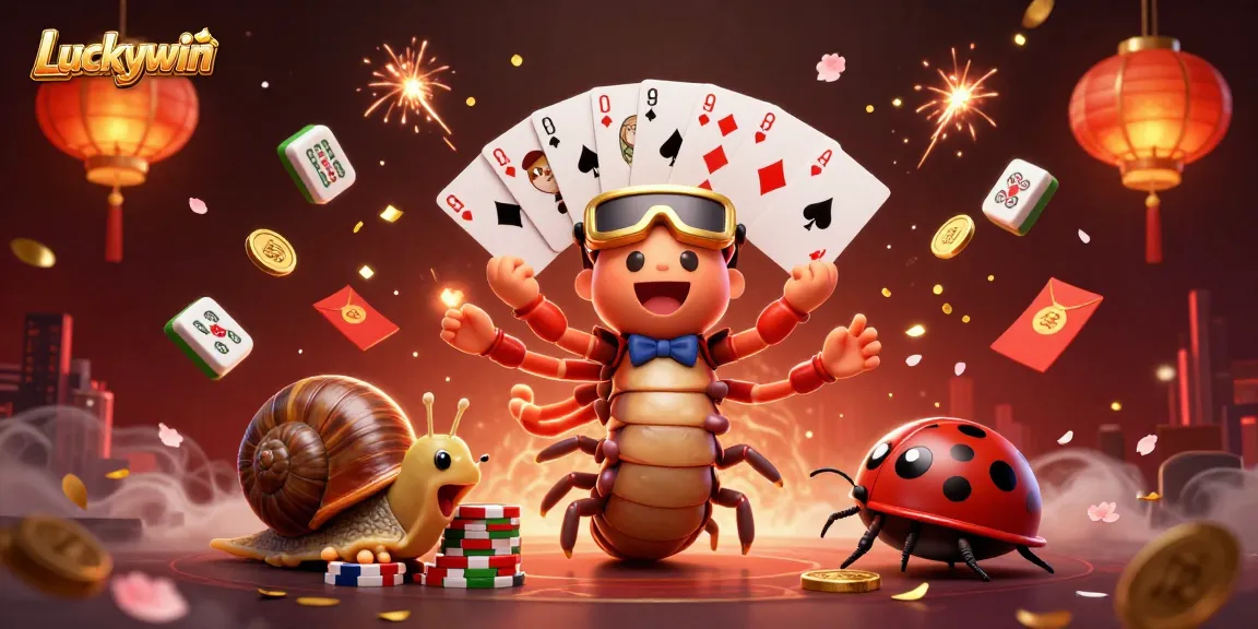 Luckywin interactive scene where a millipede dealer showcases cards while a snail high-roller pushes chips, igniting excitement.