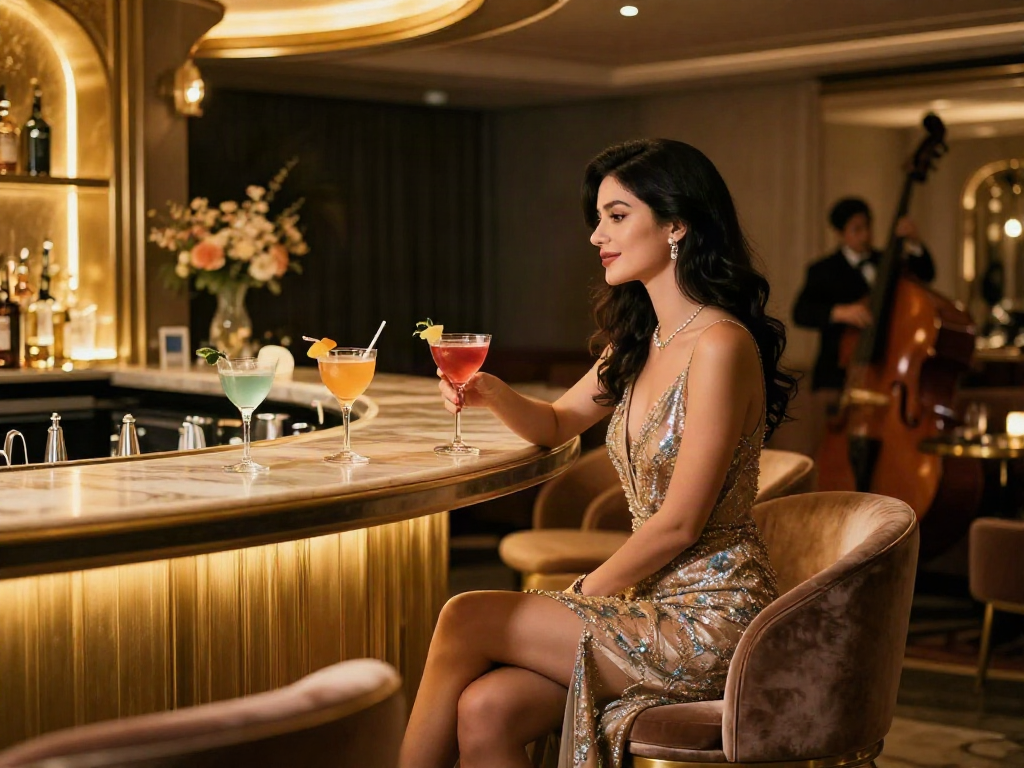 Maltepe escort şıklığında zarif bir kadın, lüks bir lounge'da akşam yemeği için oturmuş, ambiyans aydınlatmasıyla zarif bir atmosfer yaratıyor.