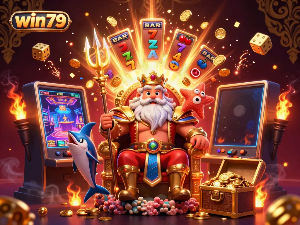 win79 casino adventure featuring Neptune and samurai amid a jackpot explosion of coins