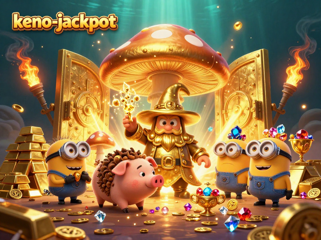 Experience the thrill of keno-jackpot with vibrant treasures and characters in a magical casino setting.