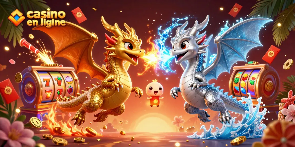 Découvrez un incroyable casino en ligne avec un dragon doré et argenté en plein vol, entouré d'éléments de jeu animés.