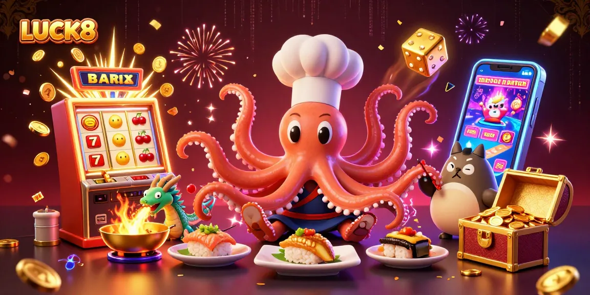 Experience the thrill of LUCK8 with fun characters celebrating a casino jackpot explosion.