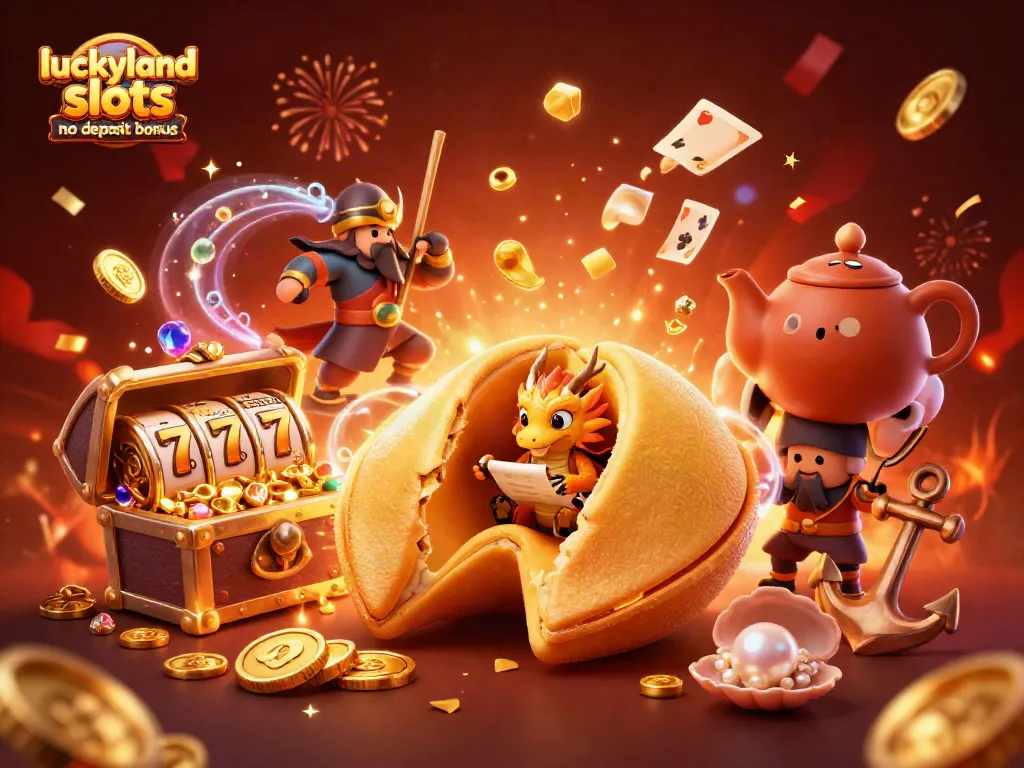 Claim the luckyland slots no deposit bonus with vibrant scenes of fortune cookies, dragons, and treasures!
