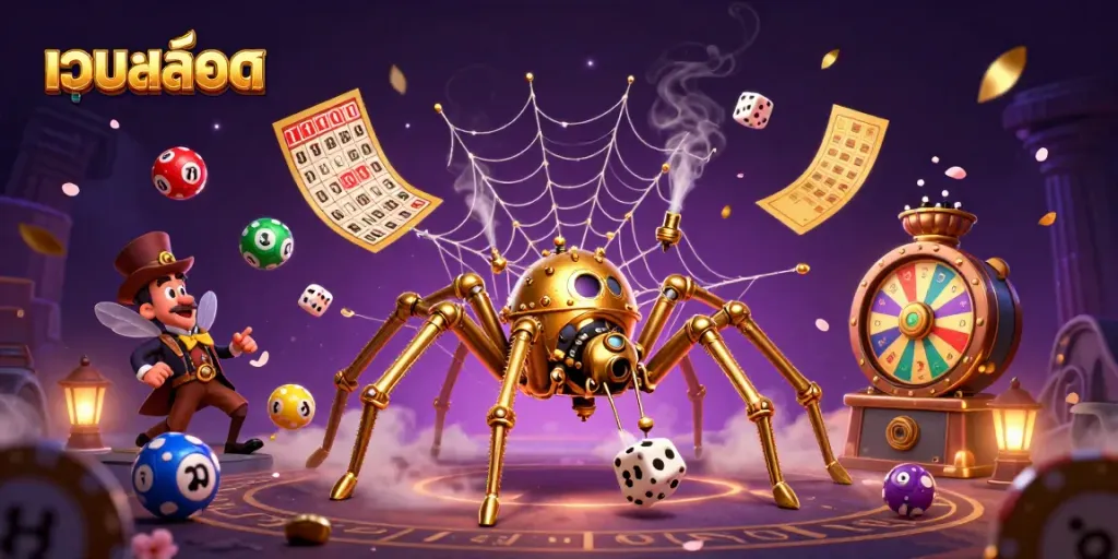 Engage with เว็บสล็อต using a dynamic steampunk scene featuring gaming elements, vibrant colors, and excitement.