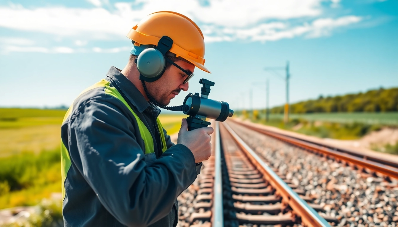 Track Inspection technician evaluating railway tracks using advanced tools in a natural setting.
