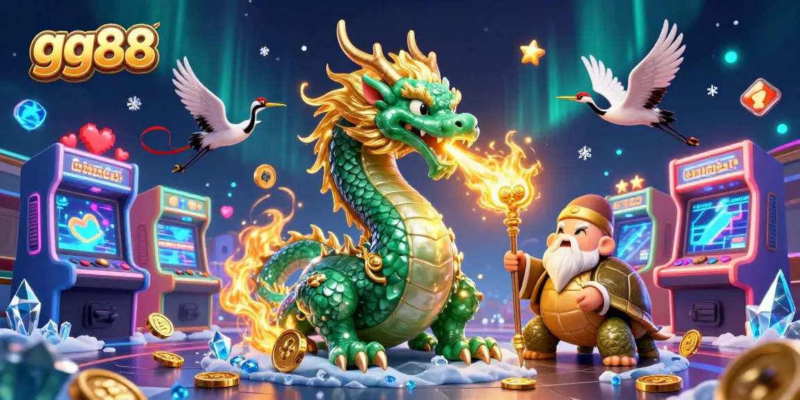 Experience the thrill of gg88 with a vibrant 3D illustration showcasing a jade dragon, turtle sage, and lucky cranes.