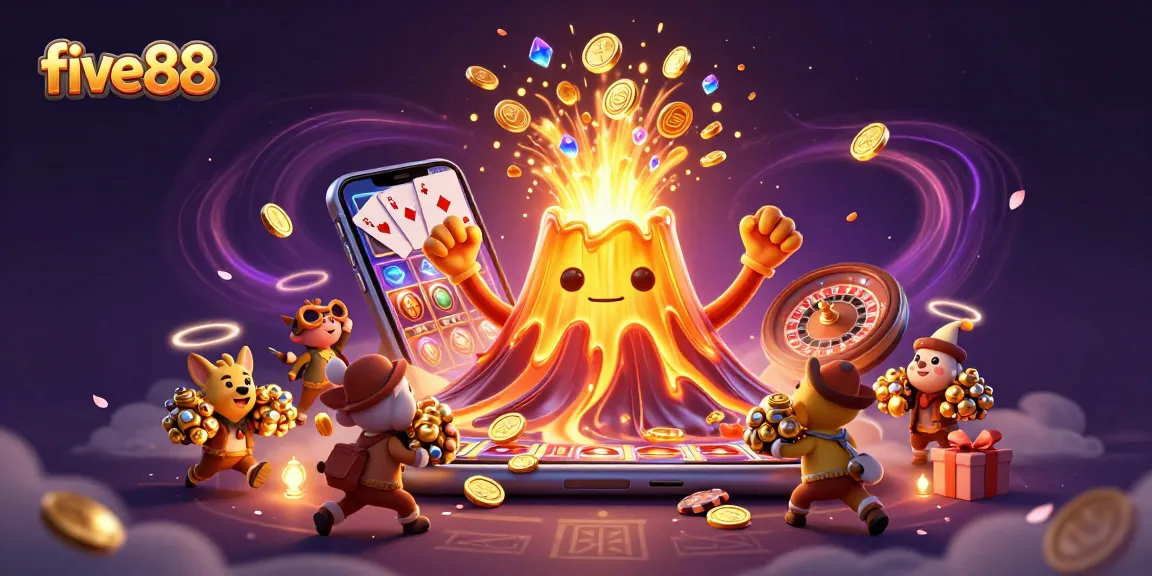 Experience the thrill of five88 with a vibrant casino scene, featuring animated characters and slot games.