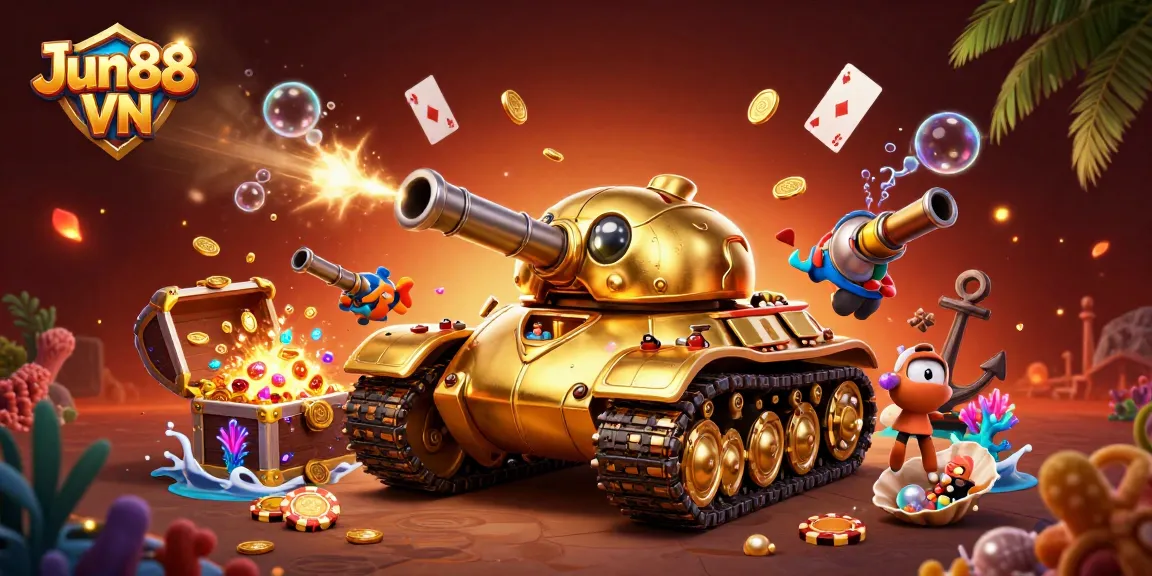 Engage in thrilling games at Jun88 VN, featuring a unique casino experience inside a golden beetle tank.