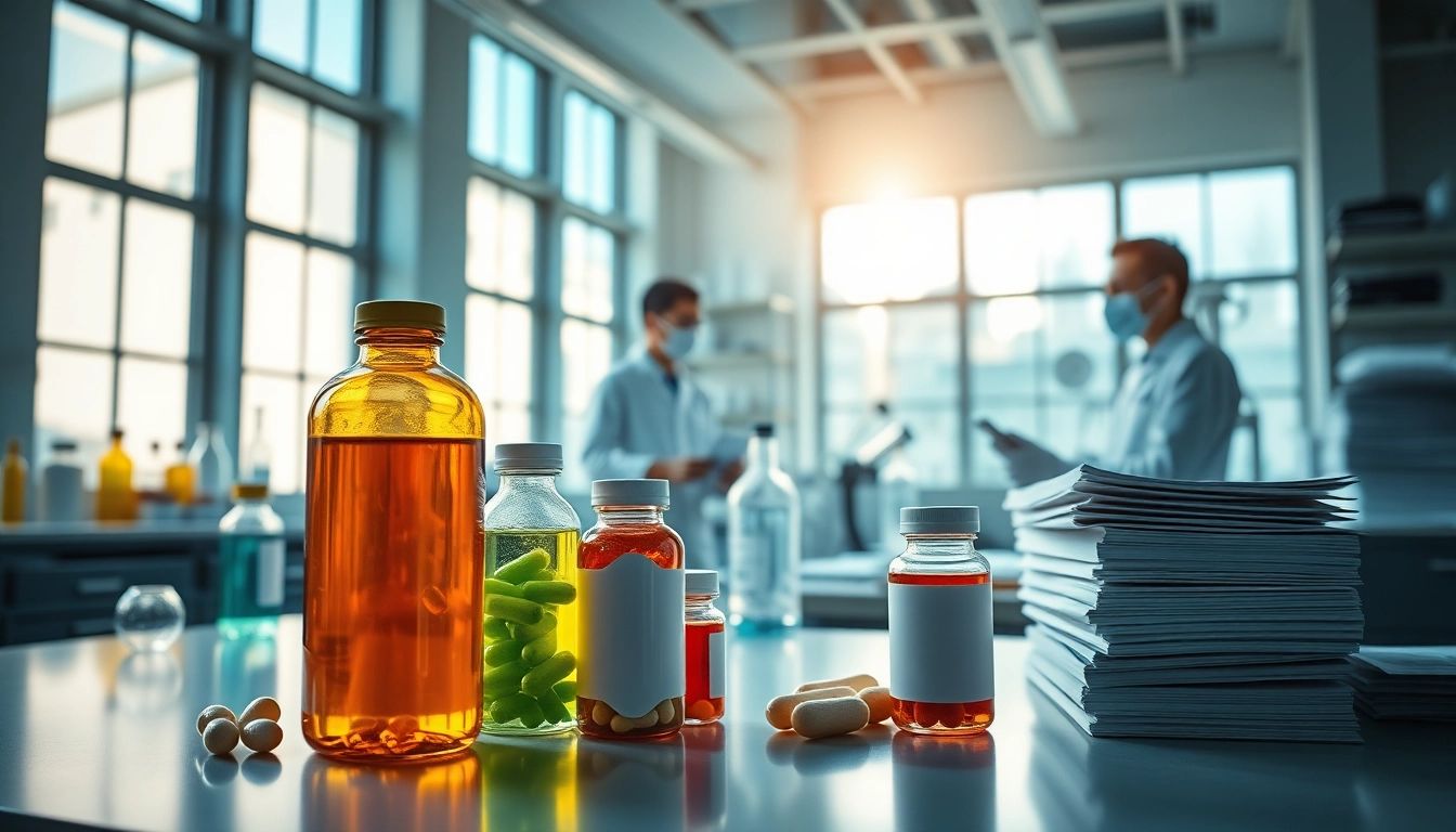 Engaging scene of a Private Label Supplement Manufacturer expertly crafting health supplements in a bright laboratory setting.