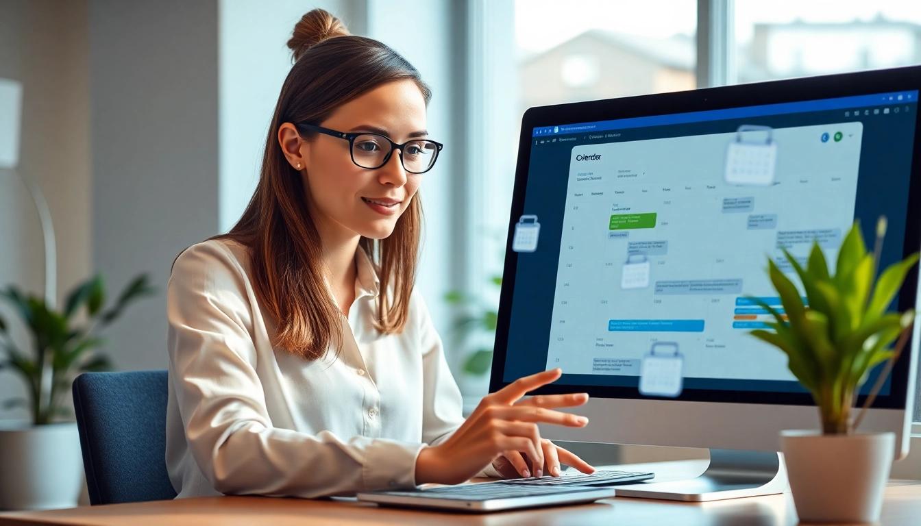Engaging AI calendar assistant optimizing schedules in a modern office setting.