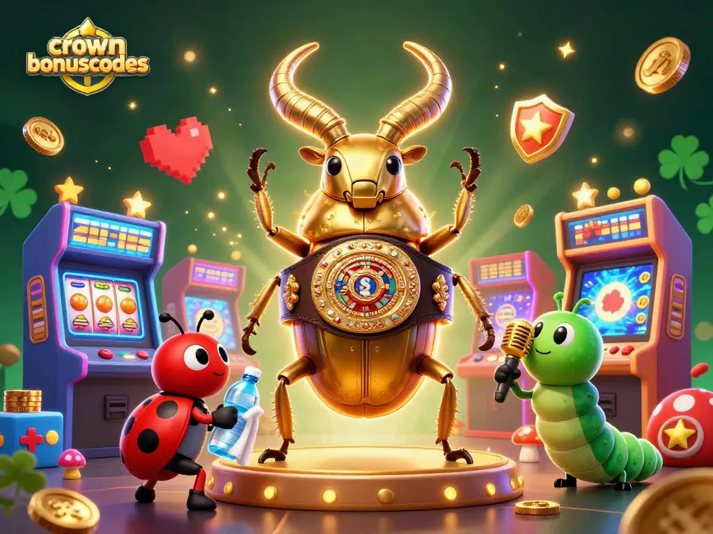 Experience crowncoinsbonuscodes as the golden beetle battles in a vibrant casino scene full of arcade action.