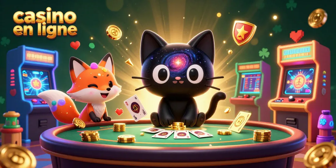 Illustration dynamique d'un casino en ligne mettant en scène un chat noir trou noir attirant des jetons d'or et des cartes.
