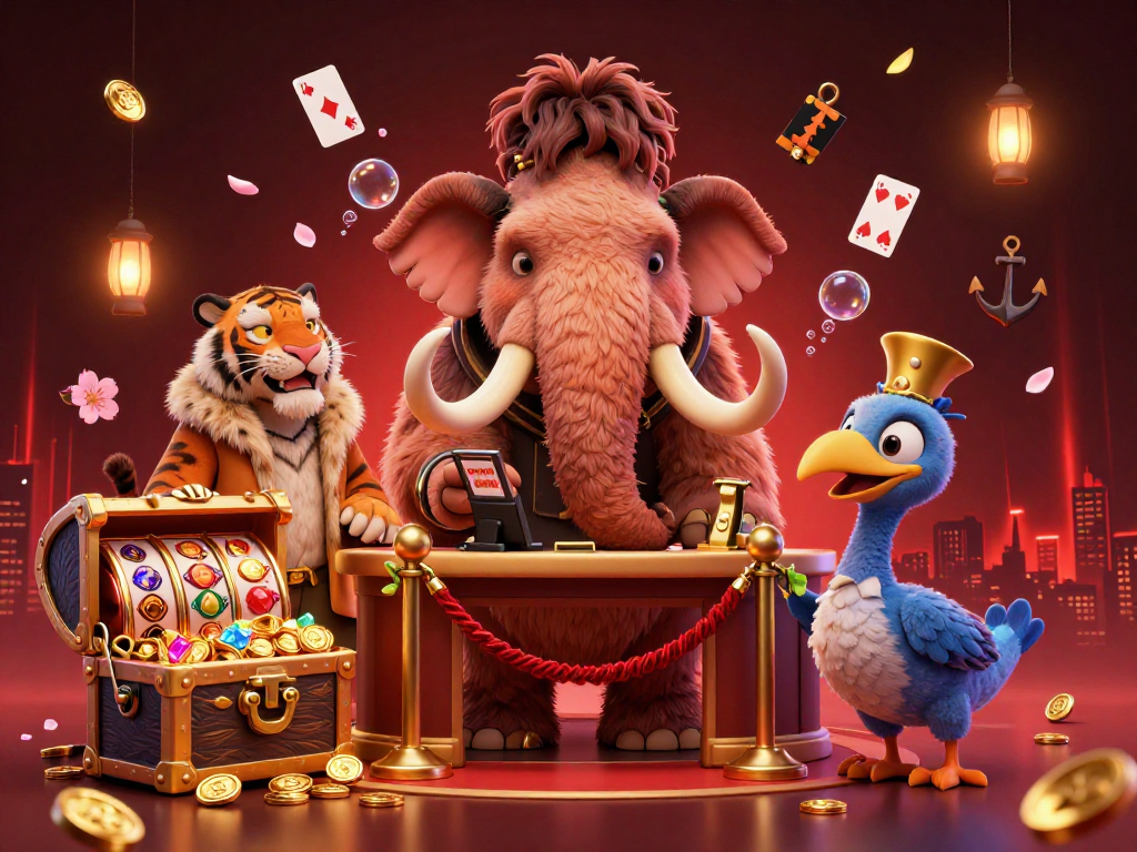 Experience the vibrant mantra88 casino scene with a woolly mammoth bouncer, saber-tooth VIP, and treasure elements.