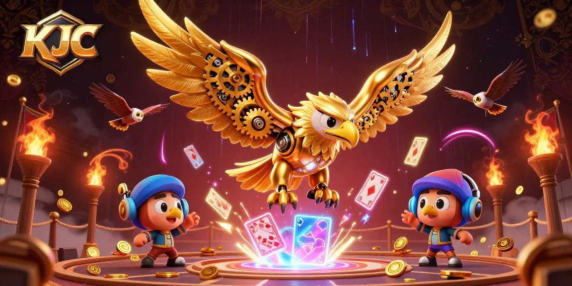 KJC invites players to dive into thrilling gaming with unique golden eagle visuals and vibrant casino elements.