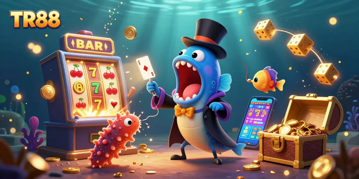 Experience the magic of TR88 with a captivating underwater casino scene featuring a bioluminescent eel magician.