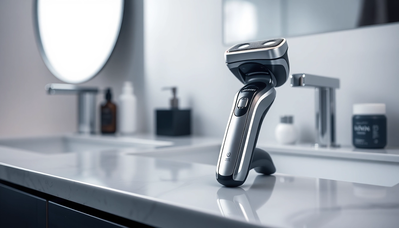 Using an electric foil shaver for a smooth grooming experience on a sleek countertop.