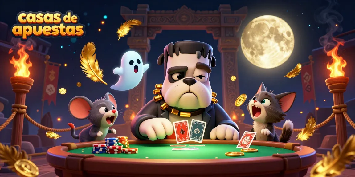 Apuesta en casas de apuestas con un bulldog Frankenstein y un ratón fantasma en una mesa de juego.
