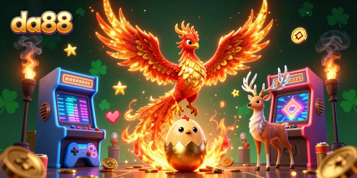 Experience excitement in da88’s vibrant casino world with a golden phoenix and gaming machines.