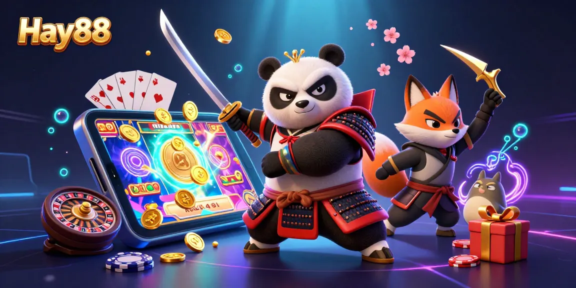 Engage with Hay88 as a fierce samurai panda and ninja fox explore a dynamic gambling scene.