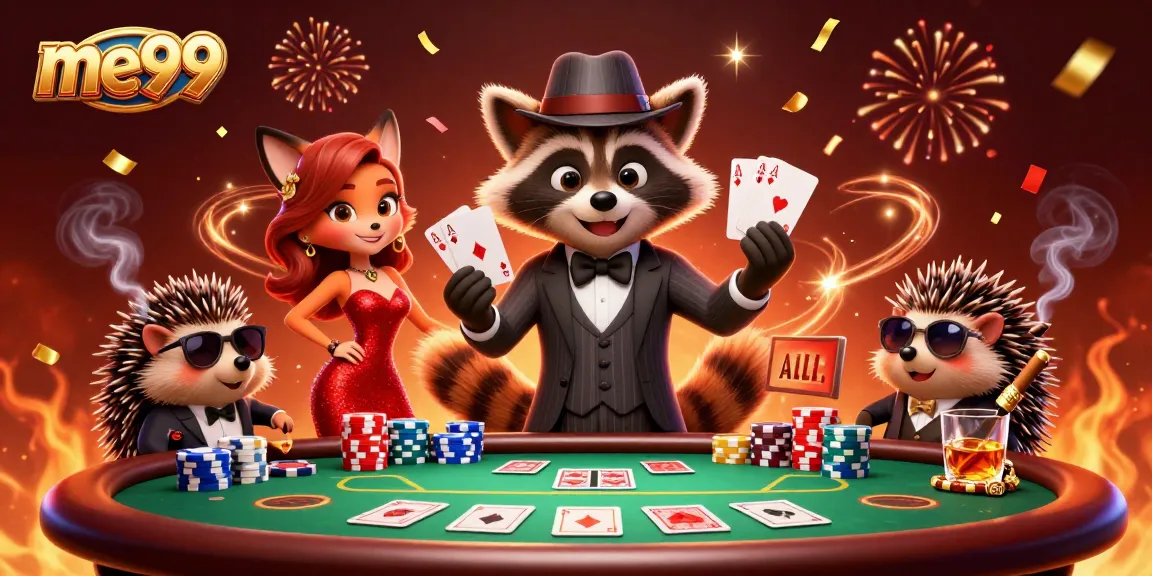 Engage in thrilling poker at me99 with charming characters, vibrant chips, and festive celebrations.