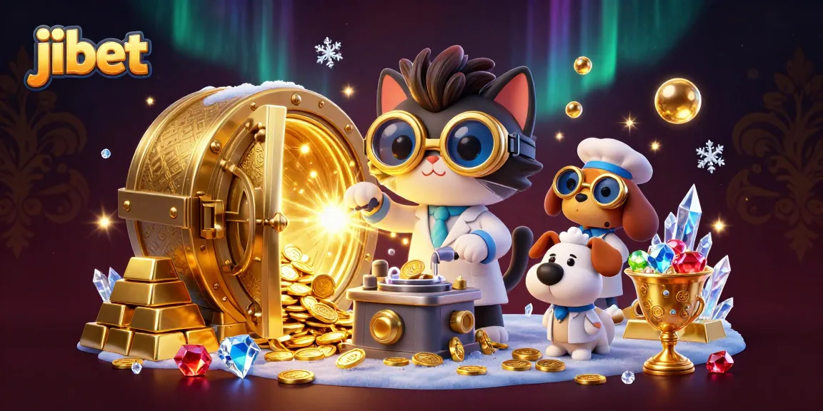 Play casino games at jibet amidst coins and gems, featuring a mad scientist and dog companion