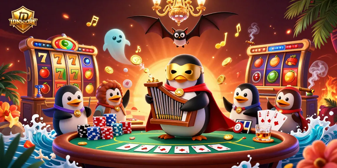 IDNSCORE penguin playing organ with golden coins, vibrant slots and poker elements, immersive casino scene.