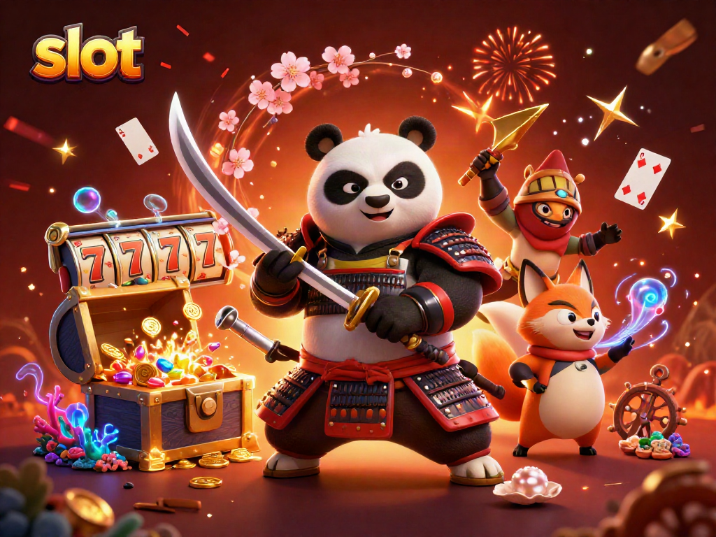 Cascade luck and adventure at the slot, featuring samurai panda and ninja fox in dynamic casino illustration.