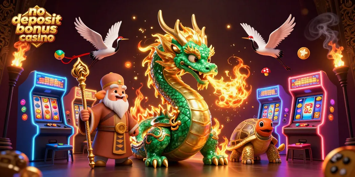 Experience excitement at a no deposit bonus casino with a jade dragon and game machines.
