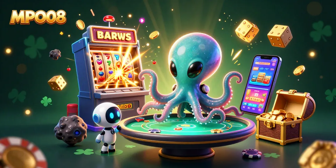 MPO08 presents a cartoon alien octopus celebrating with a jackpot explosion at a floating poker table.