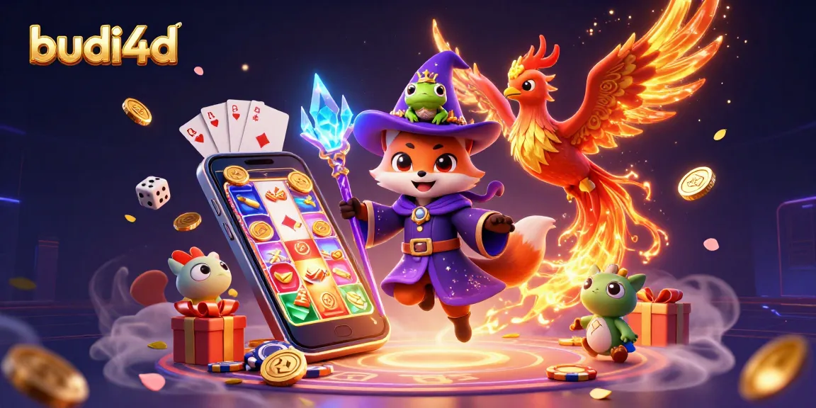Engage in vibrant slot action with budi4d, featuring a mystical fox wizard and phoenix in a dynamic casino scene.