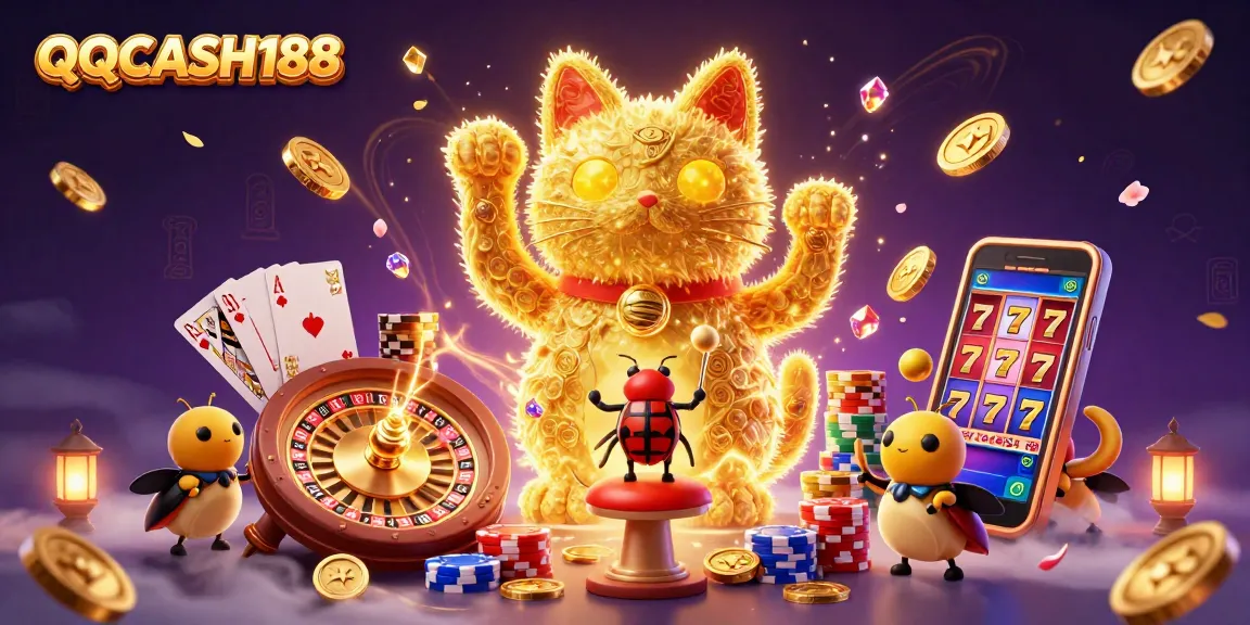 Experience the magic of QQCASH188 with a vibrant scene of a lucky cat and a baccarat table.