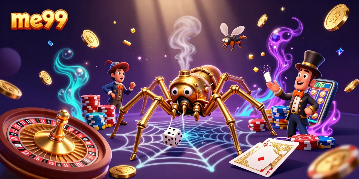 Experience thrilling gameplay at me99 with golden spider, shining coins, and vibrant poker chips.