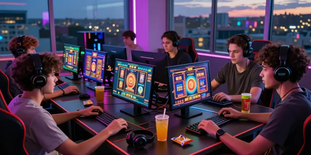 Friends enjoying engaging games on a situs slot gacor platform, surrounded by colorful screens and gaming accessories.