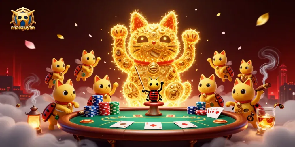 Experience the magic of nhacaiuytin with a vibrant casino scene featuring a lucky cat and poker elements.
