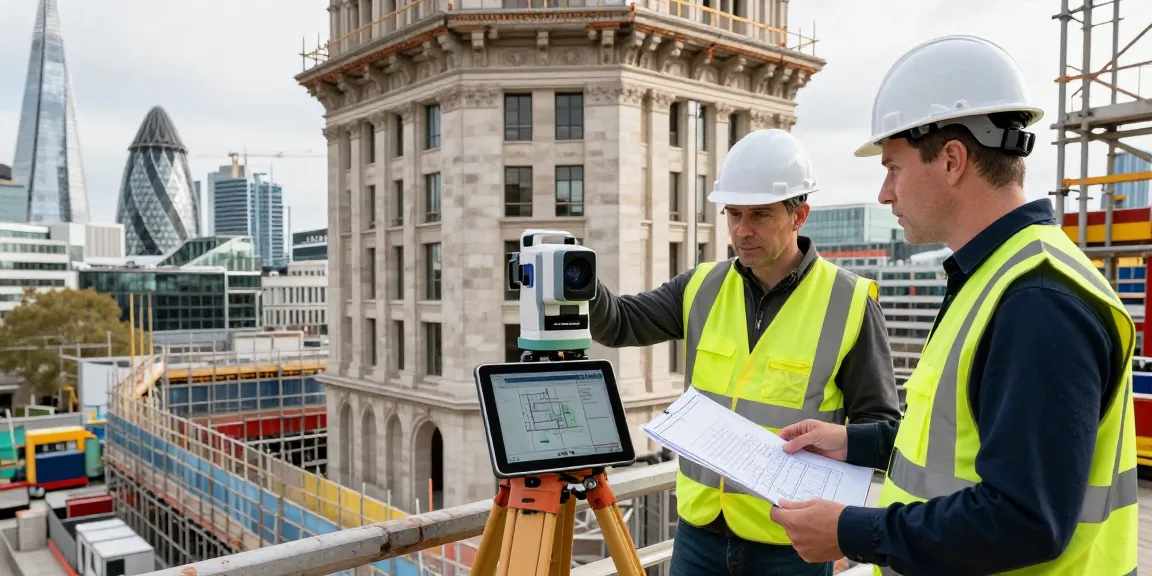 Measured building surveys london in action, surveyor using laser scanning technology on a historical site in London.