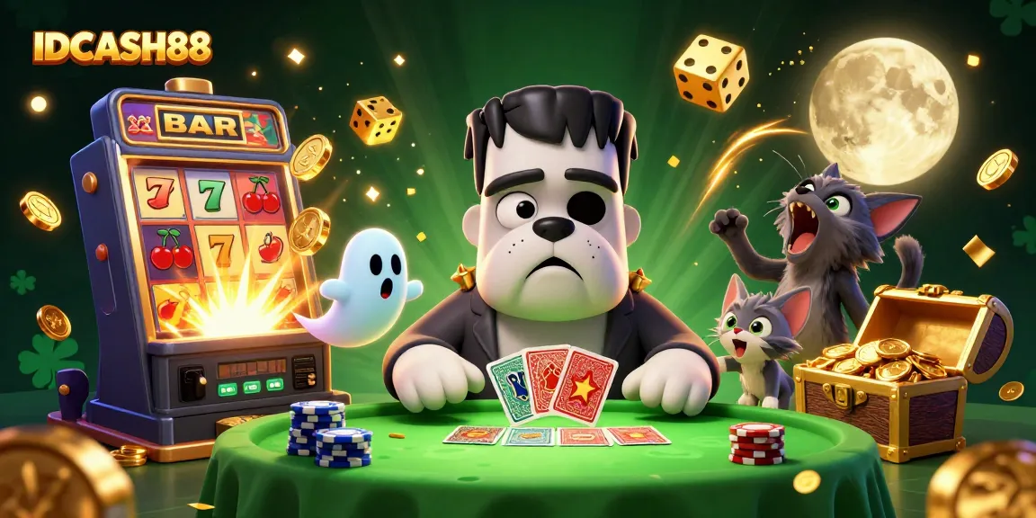 Experience thrilling casino action with IDCASH88 featuring a 3D bulldog dealer, jackpots, and exciting symbols.
