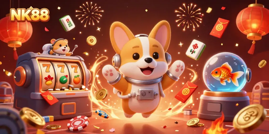 Experience thrilling slots and casino action with NK88 in this vibrant, dynamic illustration.