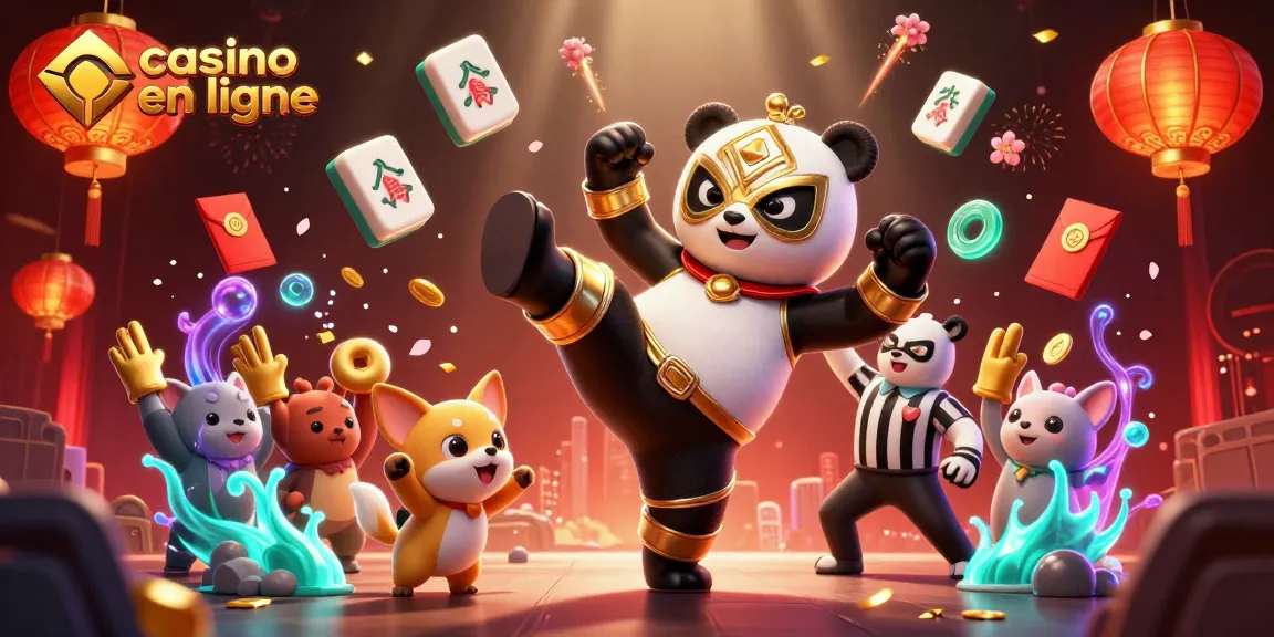 Casino en ligne : un panda lutteur réalise un coup de pied tout en étant entouré de spectateurs animés et d’éléments de jeu.
