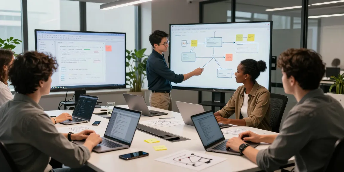 Build internal tools with AI in a collaborative tech workspace focusing on teamwork and innovation.