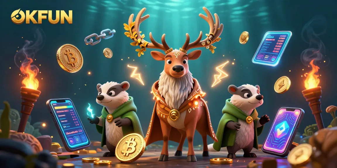 Engage with OKFUN's dynamic online casino experience amidst 3D fantasy elements and crypto visuals.