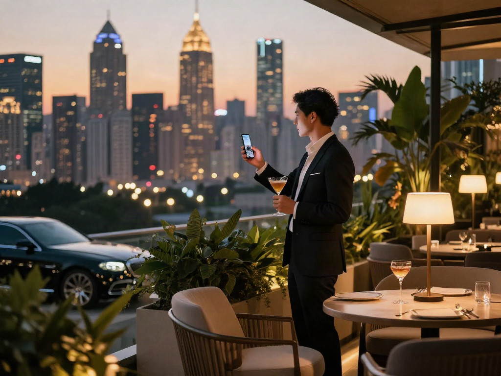 Luxury111: Gaya hidup mewah di balkon kota dengan mobil dan koktail elegan