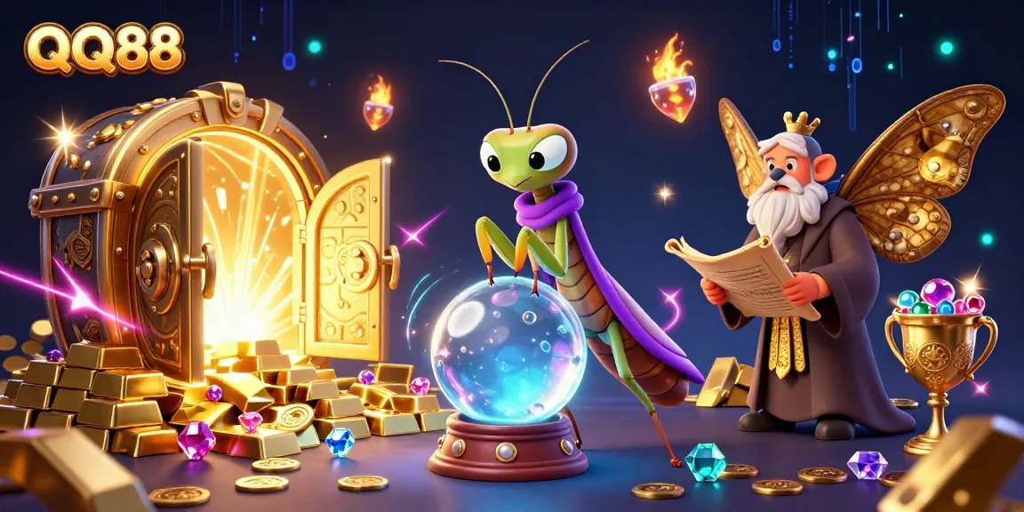 Experience the mystical allure of QQ88 with vibrant fortune teller characters and treasures in a lively casino scene.