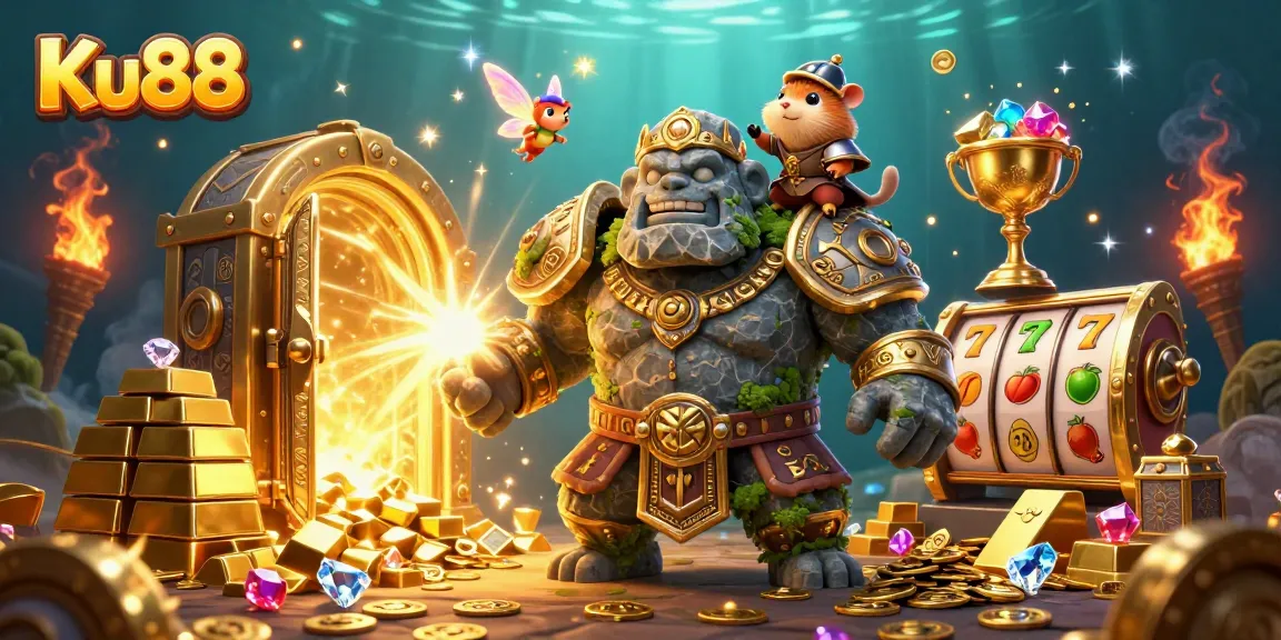 Experience excitement with Ku88's vibrant 3D casino scene featuring magical characters and slot symbols.