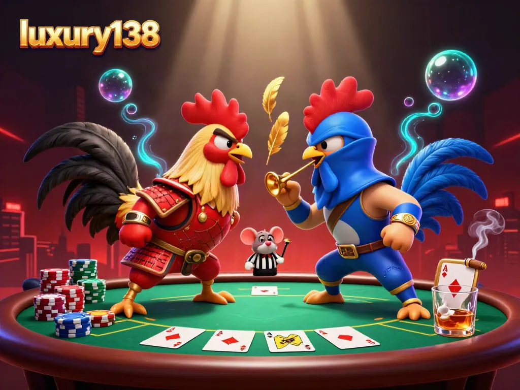 Experience competitive thrills at luxury138 with dynamic cartoon roosters battling at a poker table.