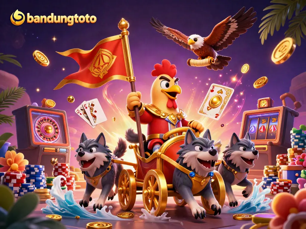 Engage with bandungtoto's thrilling casino adventure featuring a rooster warlord, gold coins, and vibrant slots.