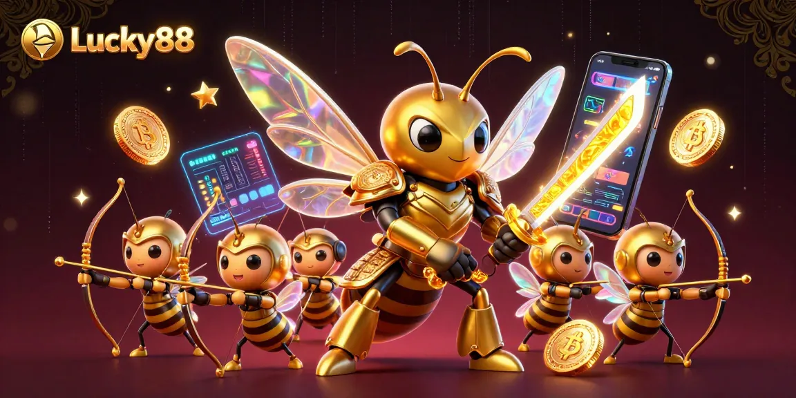 Experience Lucky88's vibrant gaming world with a golden hornet and crypto elements.