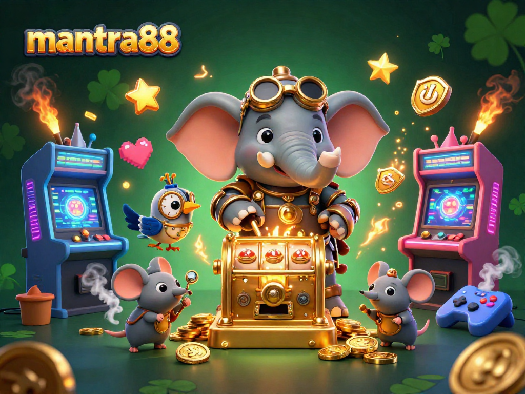 Spin the reels with mantra88 in a vibrant 3D casino scene showcasing a steampunk elephant and arcade elements.