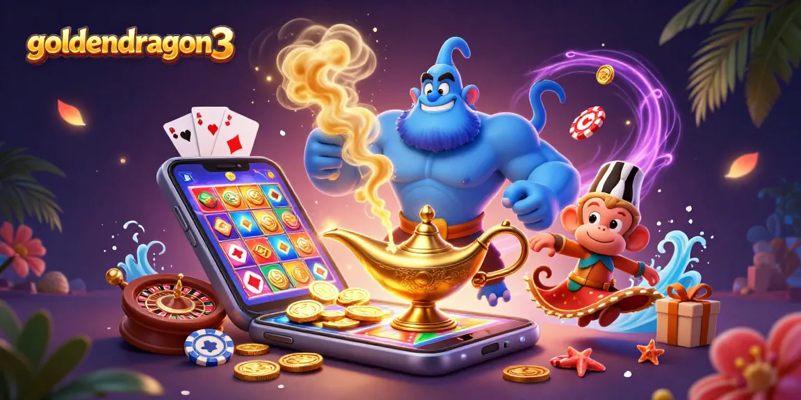 Engage with goldendragon3 in a vibrant 3D casino illustration featuring dynamic gaming elements and charming characters.
