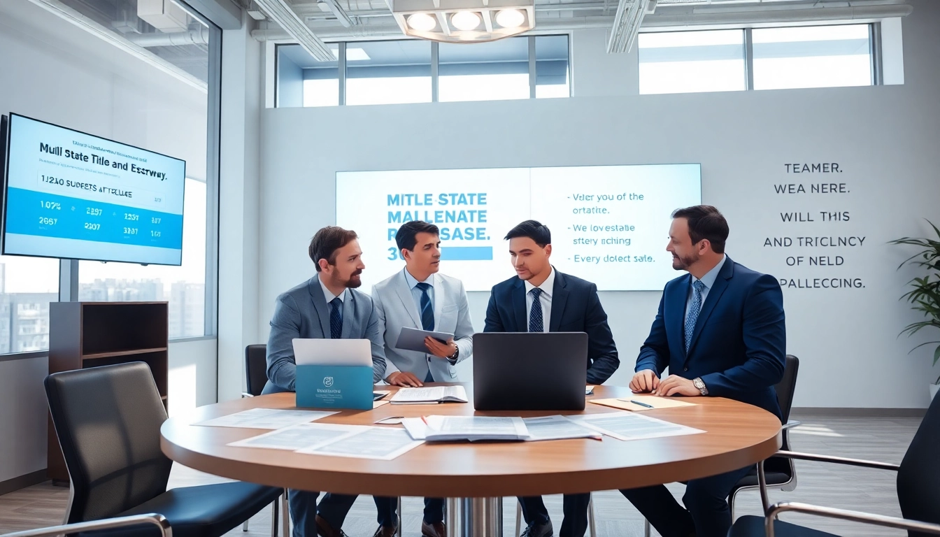 Engaging professionals discussing multi-state title and escrow services in a bright office environment.